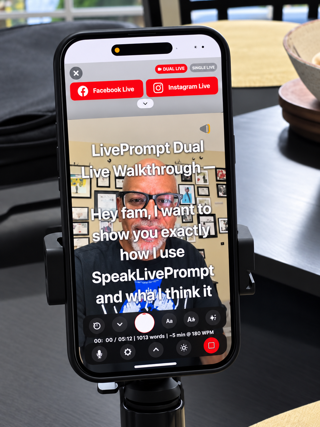 Speak Live Prompt teleprompter over live camera view showing Facebook Live and Instagram Live in the app.